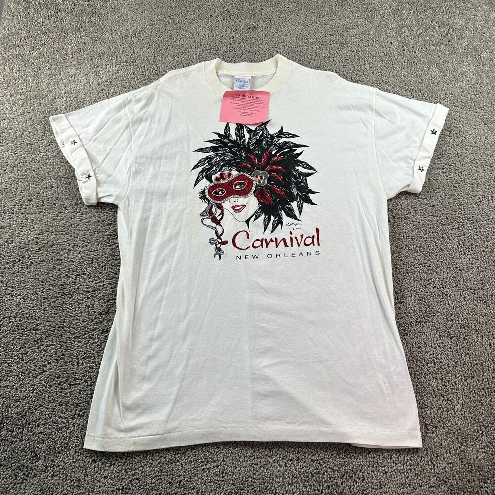 VINTAGE Mardi Gras Shirt Womens XL New Orleans Carnival Art Glitter 80s FLAW